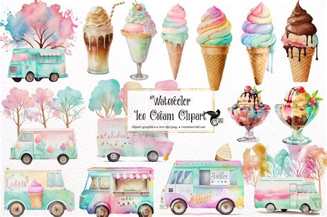 Watercolor Ice Cream Clipart Cones And Sundaes Ice Cream Truck Clip Art Png Graphics Instant