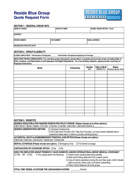 Fillable Online Reside Blue Group Quote Request Form Fax Email Print