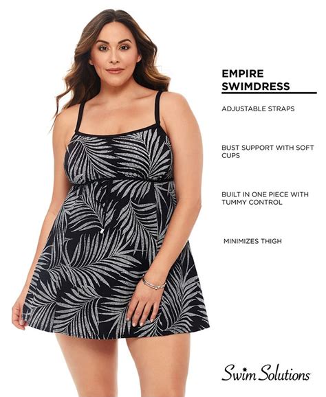 Swim Solutions Plus Size Palm Quest Printed Empire Waist Tummy Control