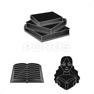 Vector illustration of and library sign. Collection of and textbook ...