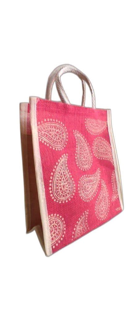 Loop Handle Pink Printed Jute Bag Size Dimension Medium Capacity 5