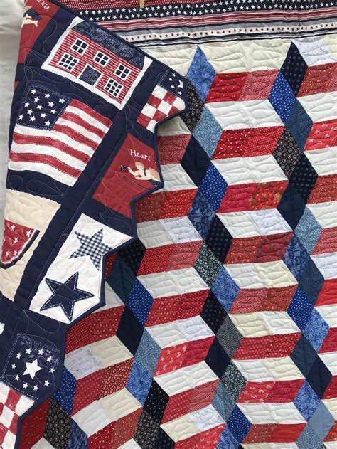 Tumbling Flag Quilt Hand Pieced Twin Size Patriotic Machine Quilted