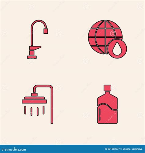 Set Big Bottle With Clean Water Water Tap Earth Planet In Drop And Shower Icon Vector Stock