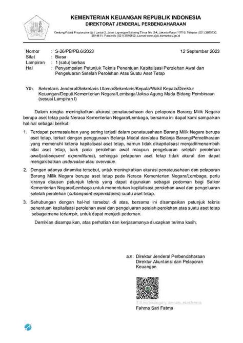 Surat Dirjen Perbendaharaan No S 26 PB PB 6 2023 Tahun 2023 Tentang