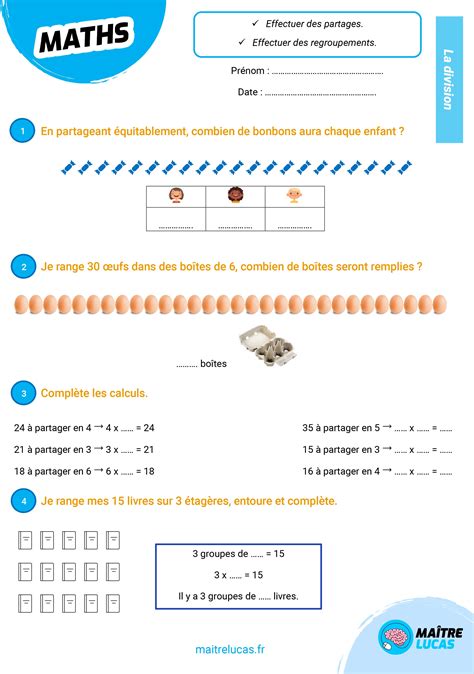 Exercices le sens des divisions pour CE1 CE2 Maître Lucas