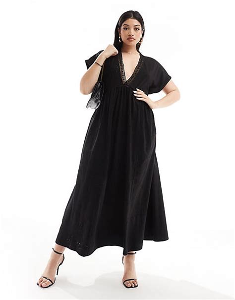 Asos Design Curve V Neck Short Sleeve Broderie Midi Dress In Black Asos