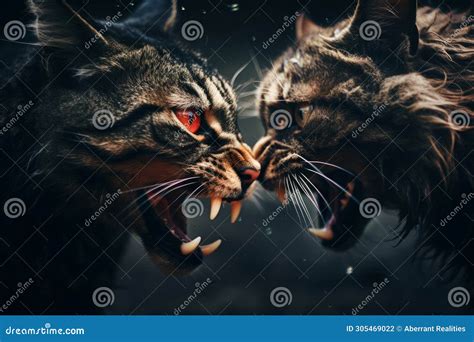 Two Cats Fighting With Each Other On A Dark Background Stock