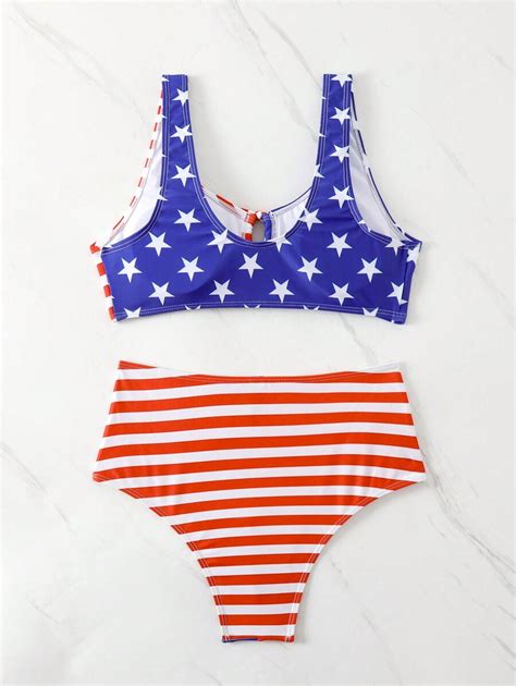 Shein Swim Summer Beach Womens American Flag Print Bikini Set With