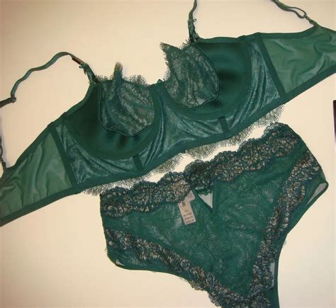 Victorias Secret Unlined 34dd36d Corset Top Bra Set Ml Panty Green Gold Lace Ebay