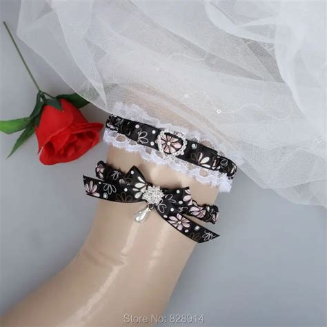 Black Flower Ribbon Elastic Wedding Garter Set Handmade Keepsake Garter