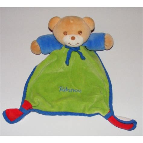 Doudou Plat Noeuds Bleu Vert Ours Takinou