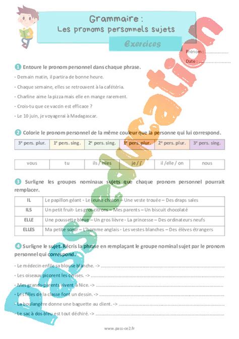 Exercice Pronom Cycle 3