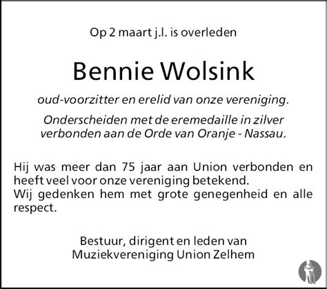 Berend Johan Bennie Wolsink 02 03 2017 Overlijdensbericht En