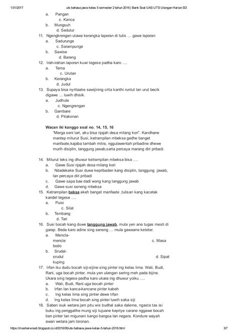 Kunci Jawaban Bahasa Jawa Kelas 5 Semester 2 Kurikulum 2013 Tantri