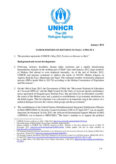 Document Unhcr Position On Returns To Mali Update I