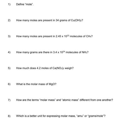 Solved 1 Define Mole 2 How Many Moles Are Present In 34 Chegg