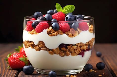 Premium Photo Greek Yogurt Parfait Layered With Granola And Fresh Berries