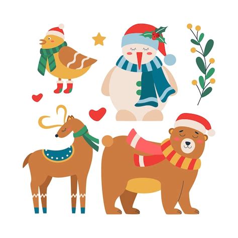 Premium Vector Set Of Christmas Deer Bear Bird Snowman In A Scarf And