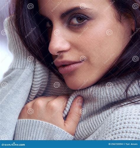Warm Soft And Sexy Closeup Of A Beautiful Brunette In Winter Clothing Stock Photo Image Of