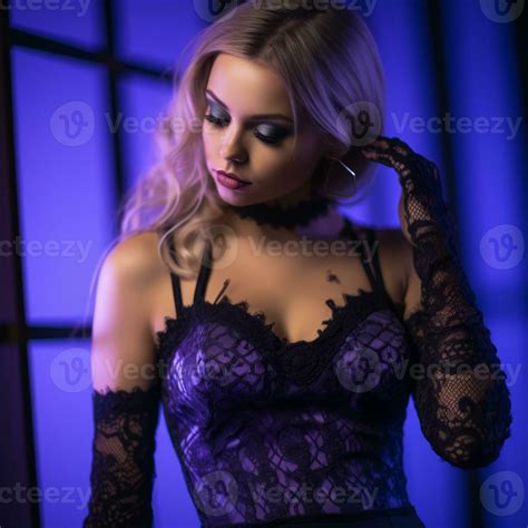 Beautiful Young Woman In Black Lace Lingerie Posing In Front Of Purple