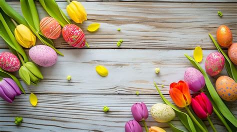 Premium Photo Easter Holiday Background With Easter Eggs And Tulip