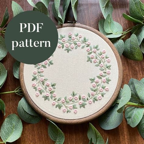 Pdf Digital Embroidery Pattern Pink Floral Wreath Hand Etsy