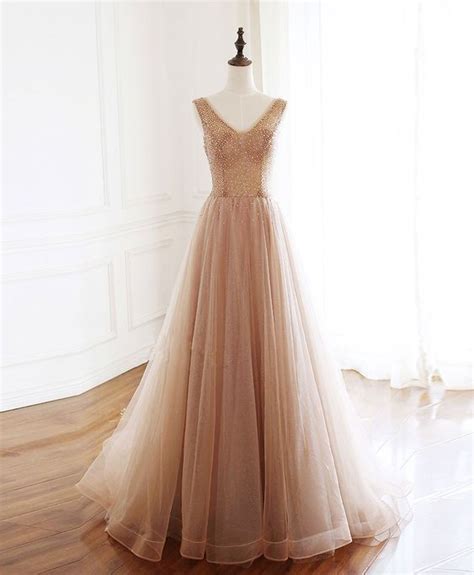 Champagne V Neck Tulle Beads Long Prom Dress Evening Dress On Luulla