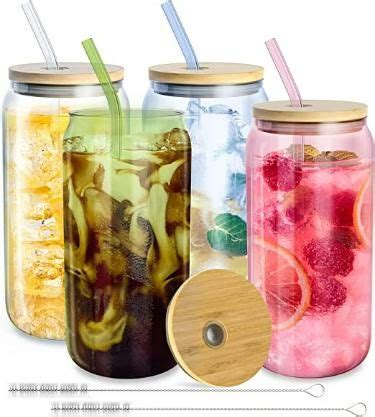 Colorful Glass Cups with Lids and Straws