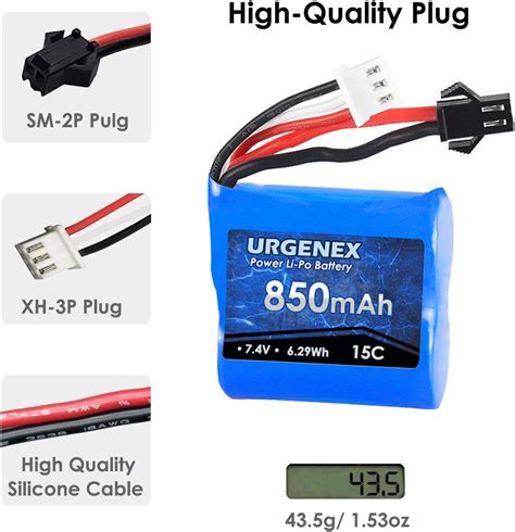 URGENEX 7 4V Lipo Batería 850mAh 2S RC Barco Batería con SM 2P Plug 6