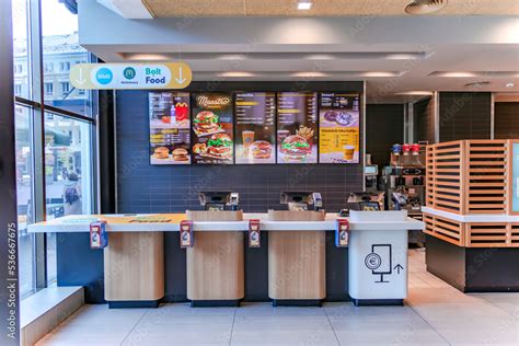 LATVIA RIGA SEPTEMBER 2022 McDonalds Counter With Menu Of