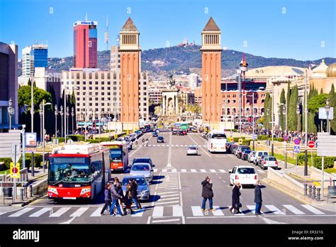 Venetian towers. Tibidabo mountain background. Barcelona, Catalonia ...