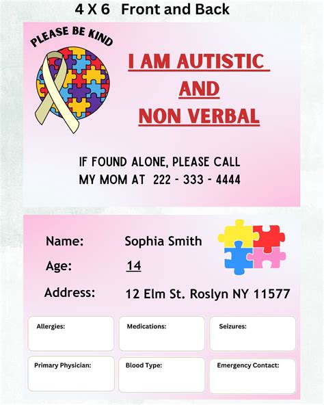 Autism Id Card Autism Name Tag Autism Emergency Id Autism Safety Tag