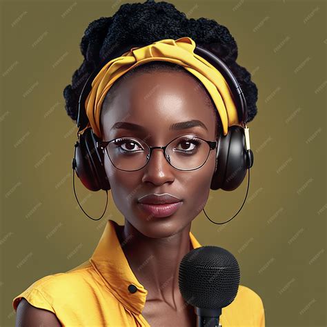 Premium Ai Image A Woman With Glasses And A Microphone In Front Of Her Face