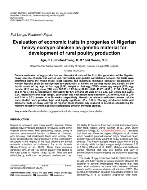 Pdf Evaluation Of Economic Traits In Progenies Of Nigerian Heavy