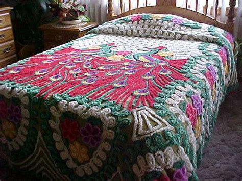 Red Peacock Chenille Bedspread With Green Hearts And Colorful Etsy Chenille Bedspread