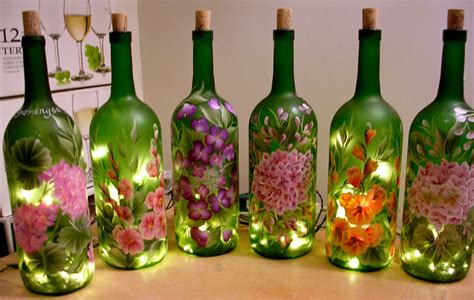 Hand Painted Lighted Wine Bottle Floral Designs