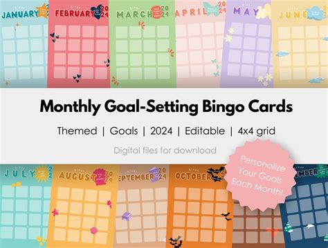 4x4 Colorful Themed Monthly Goal Setting And Planning Bingo 2024 Gamify