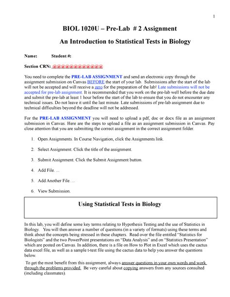 Lab 2 Pre Lab Assignment 1 Biol 1020u Pre Lab 2 Assignment An Introduction To Statistical