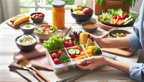 Hand Of Woman Holding Lunch Box With Healthy Food On Table Stock