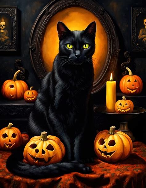 Premium Ai Image Halloween Illustration With A Black Cat And Pumpkins