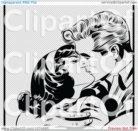 Clipart Black And White Retro Pop Art Couple Kissing And Holding Each Other Tight Royalty Free