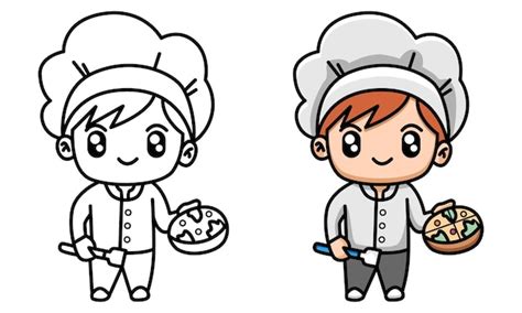 Chef Sosteniendo Una Página Para Colorear De Pizza Para Niños Vector Premium