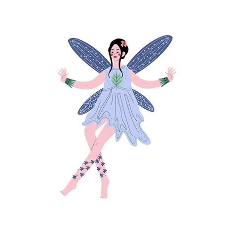 Premium Vector Forest Fairy Or Nymph With Wings Beautiful Brunette Girl In Blue Dress Vector