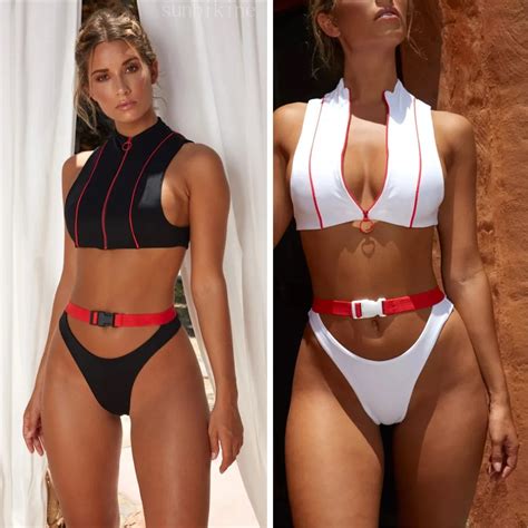 Cheeky Thong Sexy Zip Buckle Patchwork Bikini Set Swimwear