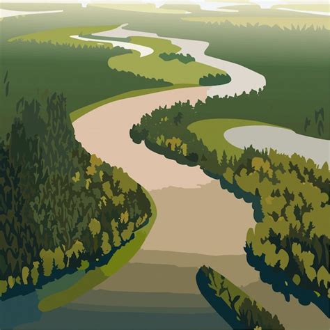 Schöne landschaft fluss im wald berge top view vektor illustration 10