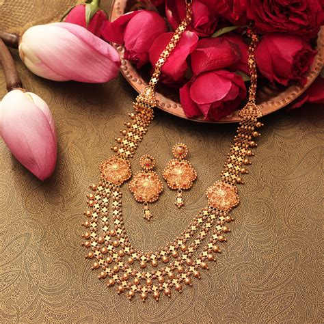 Buy Exquisite 3 Layer Gold Necklace Set With Floral Earrings Online