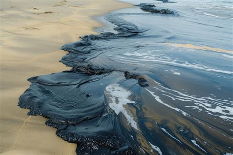 Oil Spill On The Beach Represents Environmental Disaster Posing Hazard