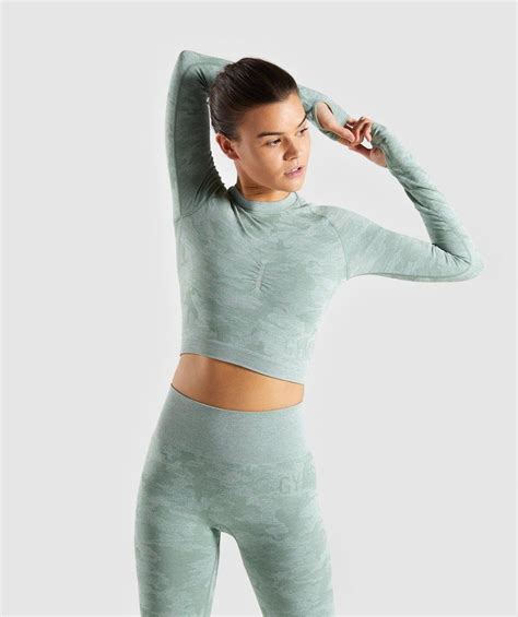 Gymshark Camo Seamless Long Sleeve Crop Top Sage Green Long Sleeve