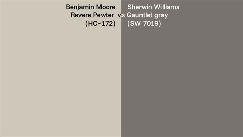 Benjamin Moore Revere Pewter Hc 172 Vs Sherwin Williams Gauntlet Gray Sw 7019 Side By Side