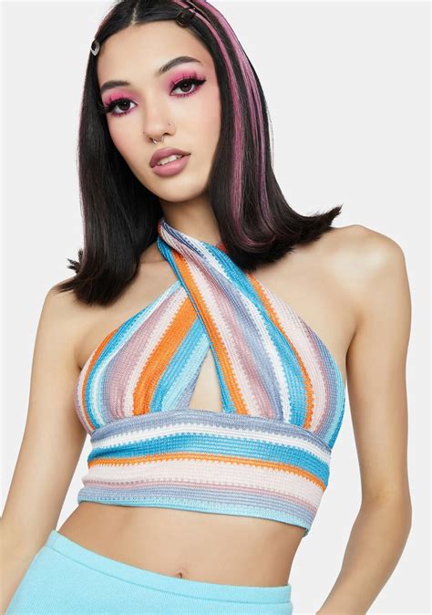 Crochet Halter Crop Top Blue Dolls Kill